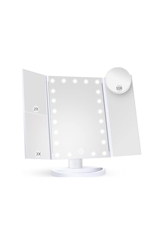 Led Işıklı Katlanabilir Makyaj Aynası - 2x 3x 10x Büyütme Modu - Dokunmatik Touch Ekran - 5 Farklı Ayna Açık Bej