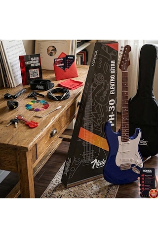 Midex Rph-30wbl Mavi Beyaz Gül Klavye Strat Kasa Sss Elektro Gitar Seti