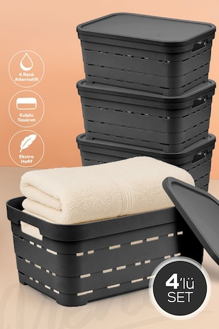 4'lü Kapaklı 10,8 Litre Delikli Saklama Kutusu Antrasit Antrasit
