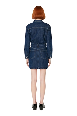 Ersefa Kadın Uzun Kollu Denim Mini Elbise Gömlek Yaka Bodycon Kalıp Mode Mavi
