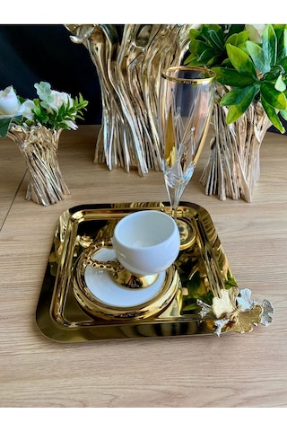 Atabey Home Collection 2 Adet Kahve & Çay & Sunum Tepsisi Gold Tepsi Kelebek Dökümlü