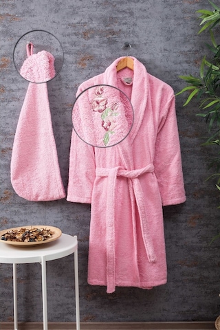 %100 Pamuk Nakışlı Flora Pudra Bornoz Seti Pudra