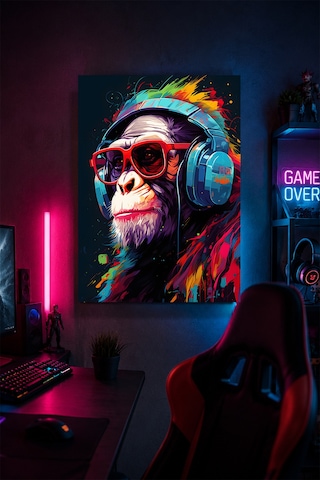 Gaming Şempanze Metal Duvar Tablosu Kulaklıklı Gamer Oda Dekoru Pop Art 30x40 Cm A3 Boyutunda