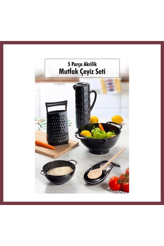 Storeşahin Akrilik Siyah 5 Parça Sürahi & Rende & Süzgeç & Mini Süzgeç & Kaşıklık & Mutfak Çeyiz Seti Shn0720