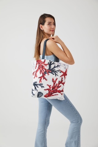 Ays Home Mercan Desen Bez Alışveriş Plaj Omuz Çantası Krem