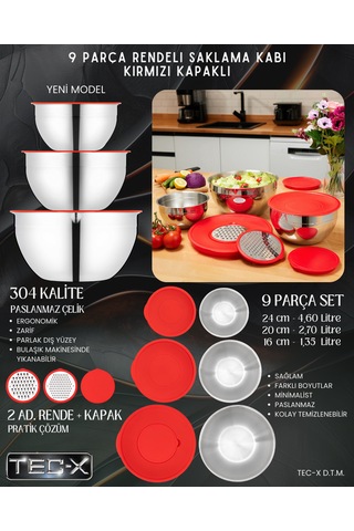 Rosso 9 Prç. Saklama Kabı Rendeli Kırmızı 24 Cm , 20 Cm , 16 Cm Paslanmaz Çelik