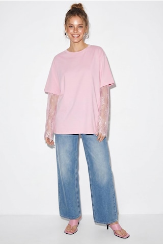 Shade Kadın Bisiklet Yaka Dantel Kollu Oversize Pamuklu T-shirt 1049 60286075 - Pembe