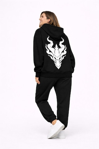 Nevermind Unisex Ejderha Baskılı Beyaz Sevgili Kombini Oversize Hoodie Seti Siyah