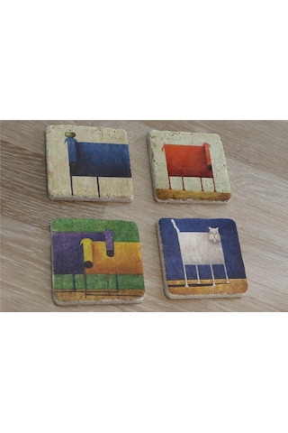 Kedi Köpek Ve Sevimli Hayvanlar Doğal Taş Bardak Altlığı 4'lü Set Taş Çok Renkli