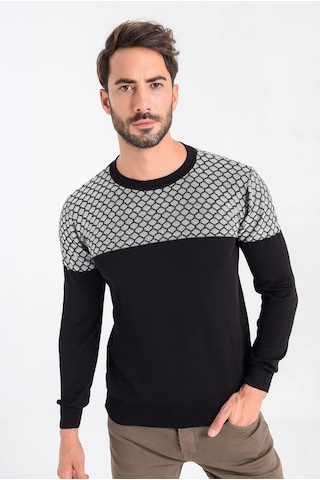 Heyss Bisiklet Yaka Petek Örgü Siyah-Ekru Erkek Triko Kazak Siyah