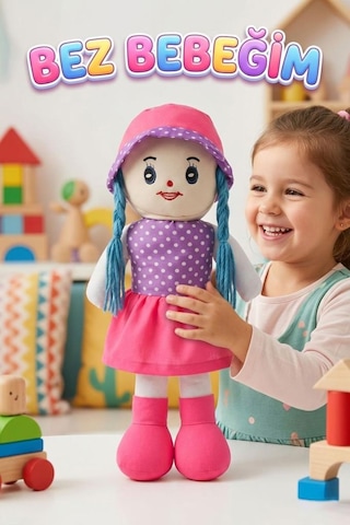 Fatma Bebek 48cm Büyük Puantiye Desenli Elbiseli Ve Şapkalı El Yapımı Oyuncak Bez Bebek Pembe