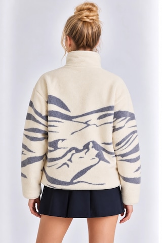 Mevese Cepli Ve Yarım Fermuarlı Dik Yaka Desenli Kadın Oversize Polar Sweat - Beyaz-gri