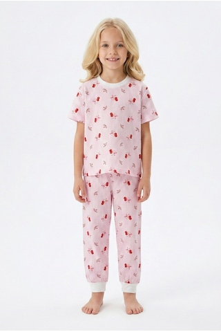 Bunny Hopp Kiraz Desenli Çizgili Kısa Kollu Kız Çocuk Pijama Takımı - Pamuklu Pembe Uyku Seti Pembe - Beyaz 3 - 4 Yaş