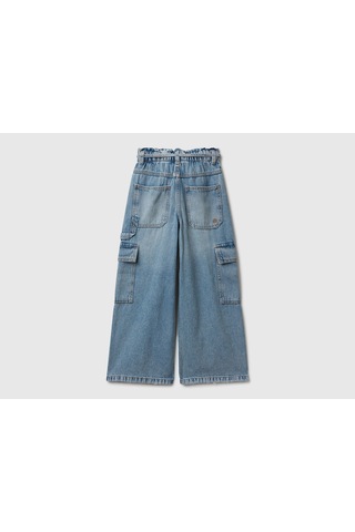 Mayoral Benetton Kız Çocuk Koyu Mavi Beli Bağlamalı Kargo Stili Wide Fit Denim Pantolon Açık Mavi