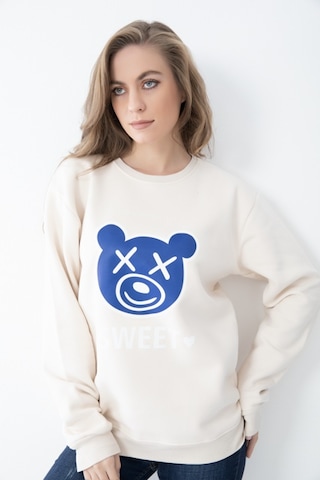 Kadın Bej Renk Baskılı Kapşonsuz Sweatshirt Bej