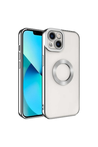 Apple Uyumlu iPhone 14 Kılıf Kamera Korumalı Logo Gösteren Zore Omega Kapak Gümüş