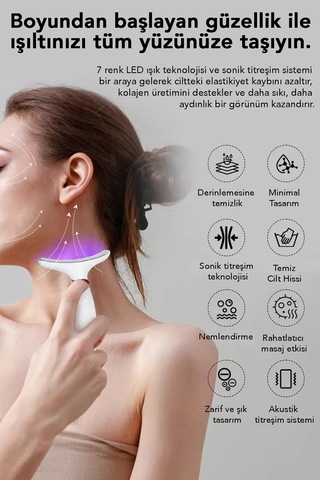 Boyun Ve Yüz Masaj Cihazı - 7 Modlu Led Işıklı Titreşimli Gıdık Sarkma Kırışıklık Güzellik Cihazı Beyaz