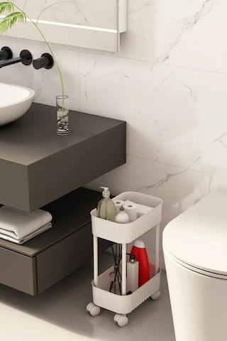Çok Amaçlı 2 Katlı Banyo Dolabı, Evye Altı Düzenleyici Dolap Içi Tezgah Altı Tekerlekli Organizer - Deterjanlık, Dolap Yanı Raf Beyaz