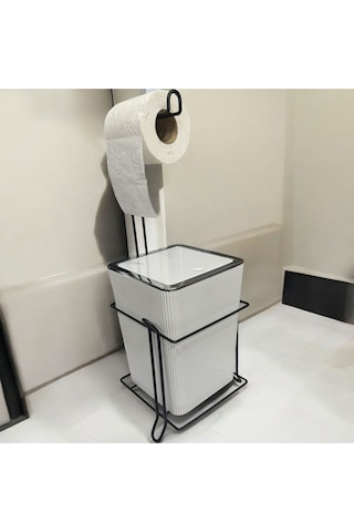 Suntel Banyo Mutfak Çöp Kovası Metal Standlı Tuvalet Kağıtlık Seti Beyaz