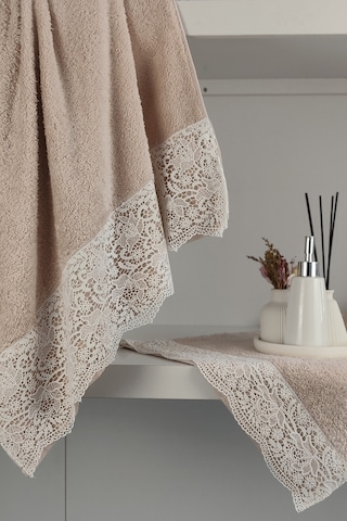 Gipür Dantelli Banyo Havlusu Takımı-%100 Pamuk Banyo Seti-gelin Havlusu Pudra Pudra