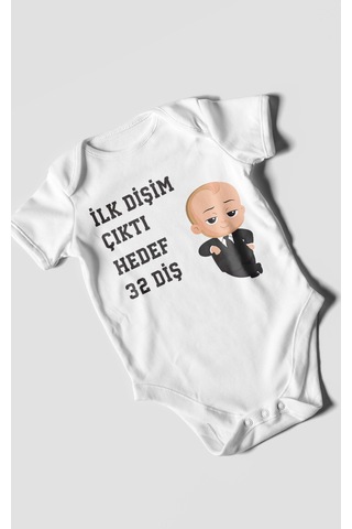 Morivokids İlk Dişim Çıktı Hedef 32 Diş Kısa Kollu Bebek Body Beyaz