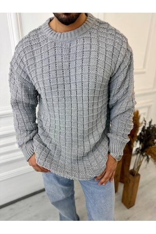 Elku Moda Kazak Oversize Kare Örme Desenli Naturel Pamuk Bol Kesim Tüylenmeyen Salaş Triko Kazak Gri