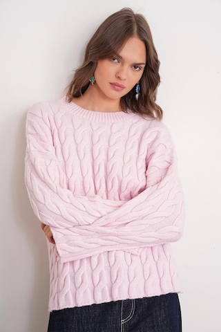 6973 Kadın Saç Örgülü Regular Basic Triko Kazak Pembe Pembe