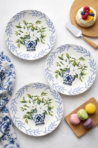 Grandora Vazo Ve Çiçek Desenli 6 Adet, 20 Cm Modern Pasta Tatlı Tabağı Seti Şık Kahvaltılık Tabak Beyaz Çiçekli