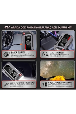Oto Akü Takviye Cihazı & Dijital Lastik Şişirme Pompası Çantalı 10000 Mah Bataryalı