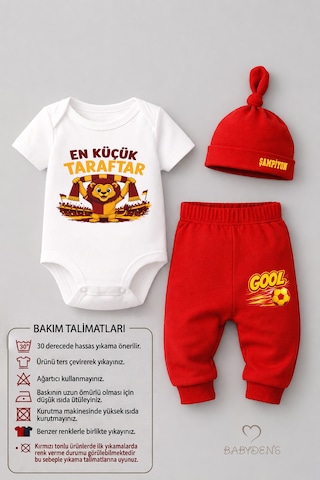 Babyden's %100 Pamuk Sarı Kırmızı En Küçük Taraftar Bebek Takımı 3'lü Kısa Kol Body,pantolon Ve Şapkalı Yenidoğan Seti 0-9 Ay Beyaz - Kırmızı