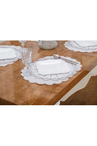 Finezza Mila Nakışlı Keten Efekt Kumaş Krem Mavi A.Servis 345x45 cm 4 Ad.-1394 Krem