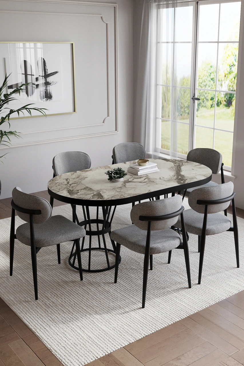 Bohem Polo Mutfak Masası Takımı 6 Kişilik Siyah Gri