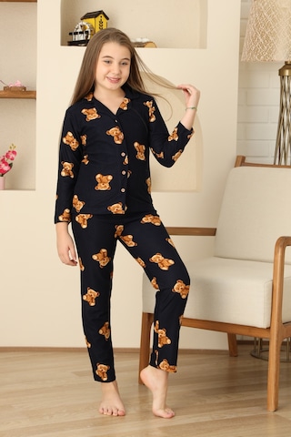 Kız Çocuk Pat Yakalı-ayıcık Baskılı Ve Düğme Kapamalı Pijama Takımı 12308 Lacıvert