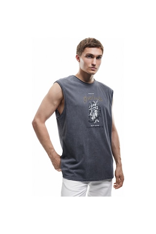 Koton Pamuklu Yıkamalı Bisiklet Yaka Baskılı Kolsuz Tişört Antrasit 5sam30024mk Antrasit