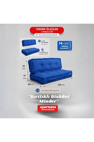 Xpermate Bisküvi Yer Minderi 60x120 Kalın Palet Balkon Petek Önü Fermuarlı Minder Mavi