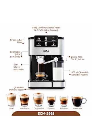 Siyah - Krom Espresso Kahve Makinesi 6 Farklı Kahve 1.5lt Su Hazne - 500ml Süt Hazne 1350w Scm-2995 5250
