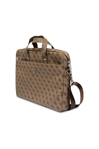 Guess 15-16 İnç Laptop Çantası Sıcak Damgalı 4g Desenli Üçgen Logolu Omuz Askılı Kahverengi