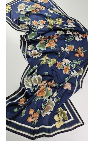 Miorel Scarfs Yeni Sezon Çiçek Desen Vual İpek Şal Fular Silk Scarfs Shawl Hijab Lacivert