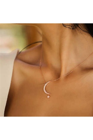 Beyaz Taşlı Ay Yıldız 925 Ayar Gümüş Kolye-2125