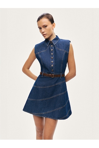 Nocturne Kemer Detaylı Mini Denim Elbise N26yd2737 Koyu Mavi