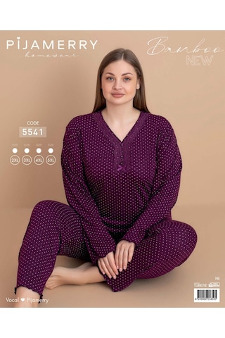Pijamerry Kadın Büyük Beden Dantel Yaka Bambu Uzun Kol İnce Pijama Takımı 5541 - 1 Adet Mürdüm