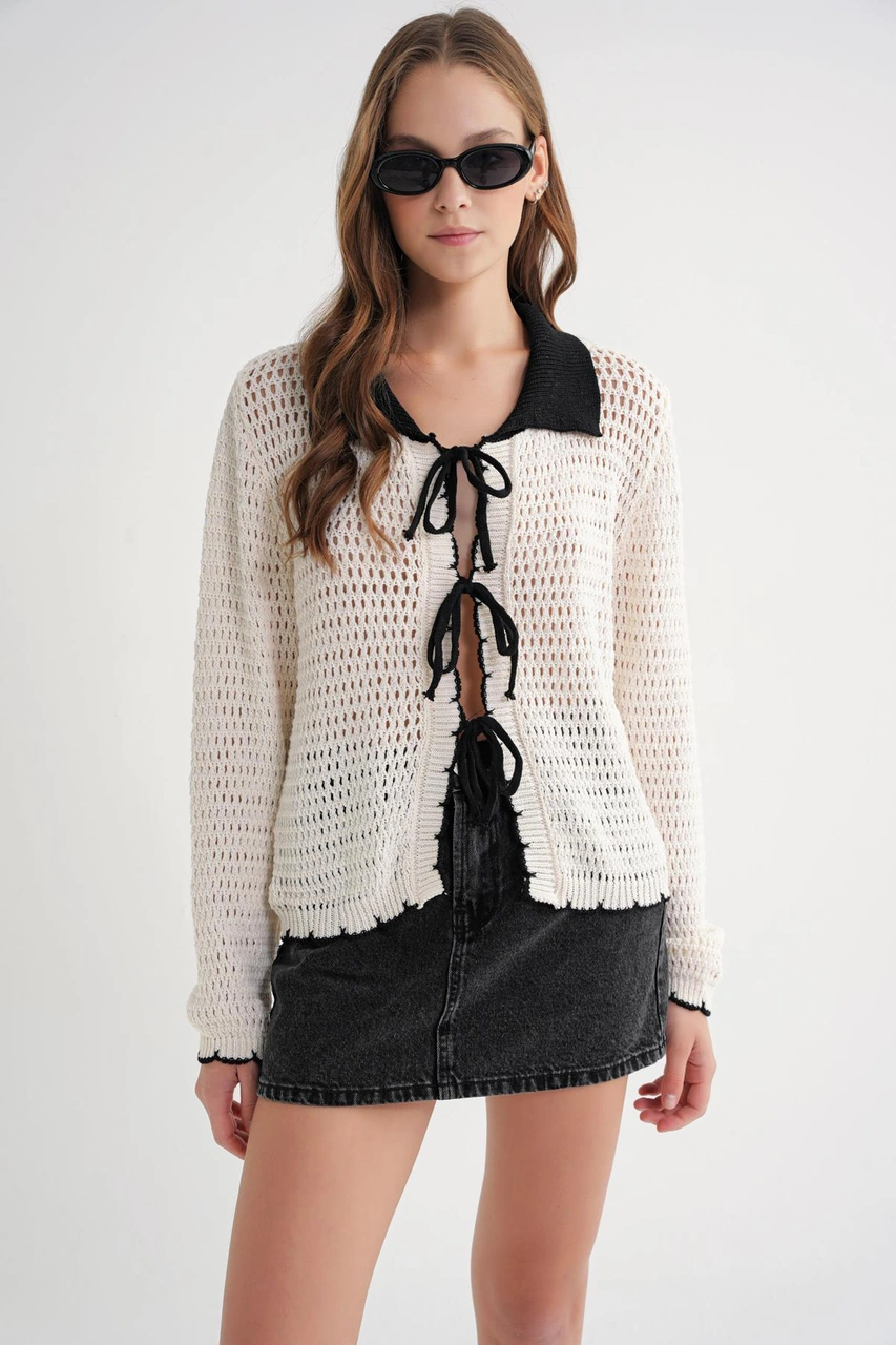 6945 Kadın Ajurlu Bağlamalı Triko Hırka Naturel Naturel