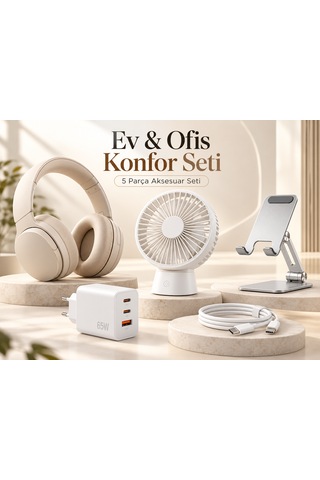 Ev Ve Ofis Konfor Seti - 5 Parça Kulaklık, Masaüstü Fan, 65w Adaptör, Telefon Standı Ve Şarj Kablosu 01