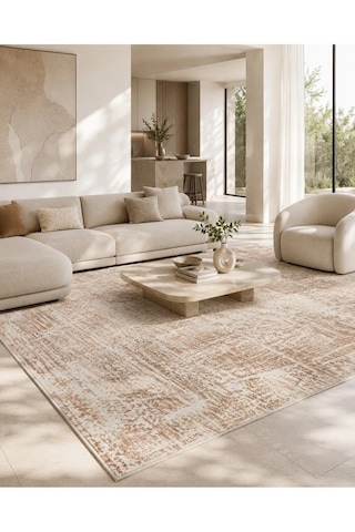 Sahra Collection Modern Vintage Desenli Eskitme Dokuma Yumuşak Salon Halısı Krem - Turuncu