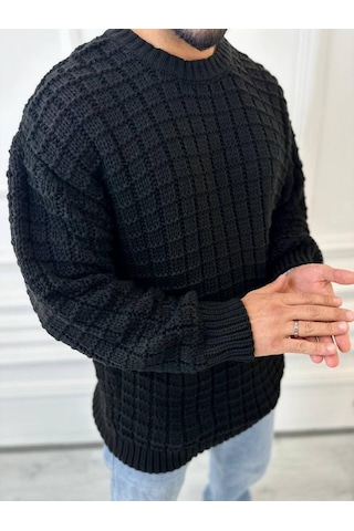 Elku Moda Kazak Oversize Kare Örme Desenli Naturel Pamuk Bol Kesim Tüylenmeyen Salaş Triko Kazak Siyah