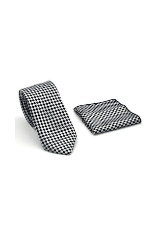 Gaffy Siyah Piti Kare Desenli Beyaz Dokuma Kumaş Mendilli Slim Fit Kravat // Sdk-2503-4 Beyaz