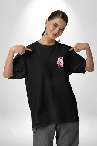 Beyaz Highland Teriyeri Kırmızı Gül Siyah Oversize Unisex Ön Sol Yan Minimal Baskılı Tişört Koyu Siyah
