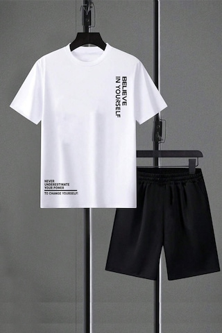 Uyguntarz Unisex Believe Detay Baskılı Şort Takım Beyaz