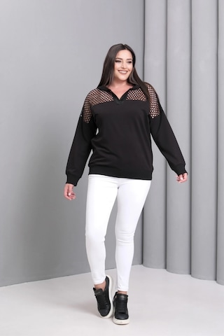 Yakası Taşlı File Detaylı Sweatshirt Siyah