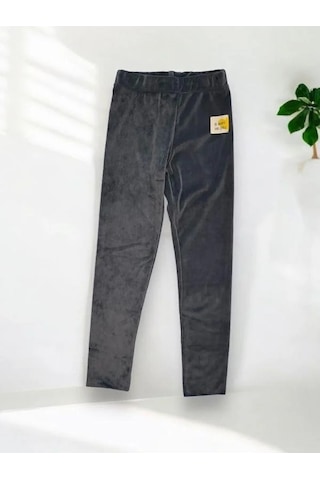 Zekids Kız Çocuk Bel Lastikli Parlak Kadife Tayt Pantolon-14343 Füme